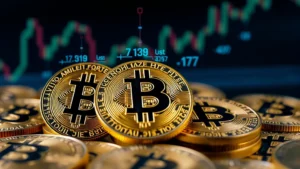 Close-up of Bitcoin coins with digital holographic numbers floating above them, showing price charts and calculation symbols, professional photography with dark blue background