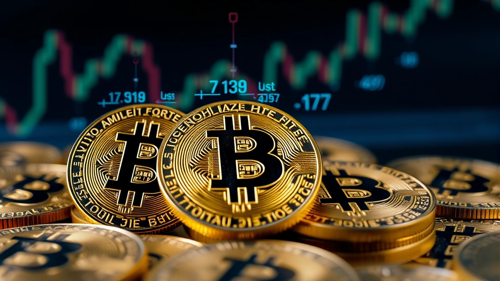 Close-up of Bitcoin coins with digital holographic numbers floating above them, showing price charts and calculation symbols, professional photography with dark blue background