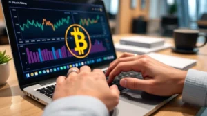 Close-up of hands typing on laptop keyboard with Bitcoin symbol glowing on screen, modern office setting, photorealistic digital workspace showing cryptocurrency analytics