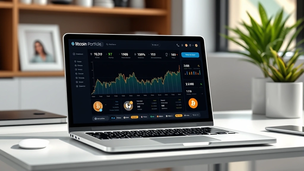Photorealistic image of a modern laptop displaying cryptocurrency portfolio dashboard with Bitcoin charts and numerical data, professional lighting, clean workspace environment