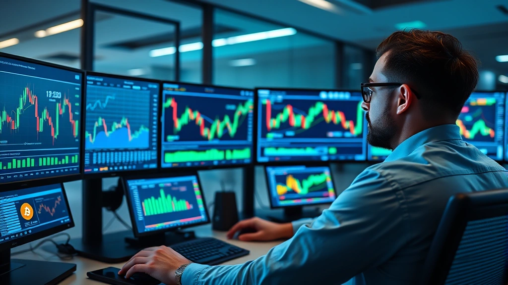 Cryptocurrency trader analyzing Bitcoin data on multiple digital screens in a modern office, showing charts and market data, professional environment with blue and green color tones