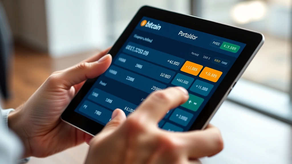 Close-up of hands using a tablet with Bitcoin calculator application open, showing conversion rates and portfolio values, bright modern design, cryptocurrency symbols visible, no readable text, professional trading environment