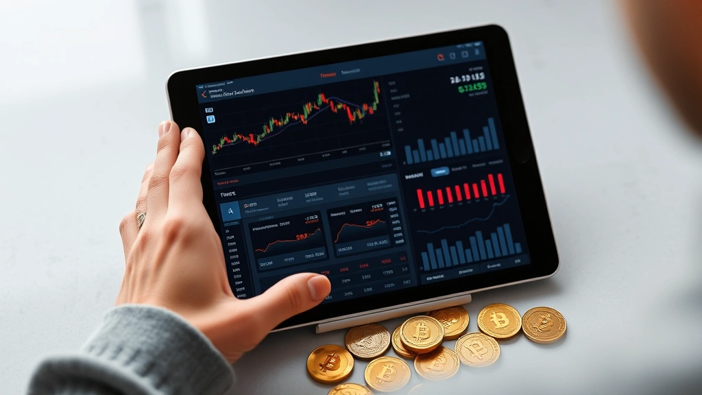 Person analyzing cryptocurrency portfolio on a modern tablet displaying bitcoin charts, market trends, and investment metrics with cryptocurrency coins scattered nearby