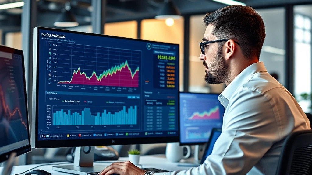 Professional cryptocurrency analyst reviewing detailed mining profitability charts on a computer monitor, showing hash rates and electricity costs, modern office environment with blockchain technology aesthetic