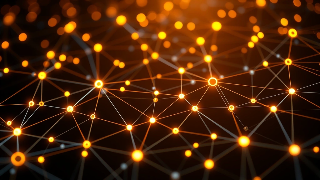 Blockchain network visualization with interconnected nodes representing Bitcoin transactions, mining operations, and data flow across a distributed cryptocurrency system with glowing connection points