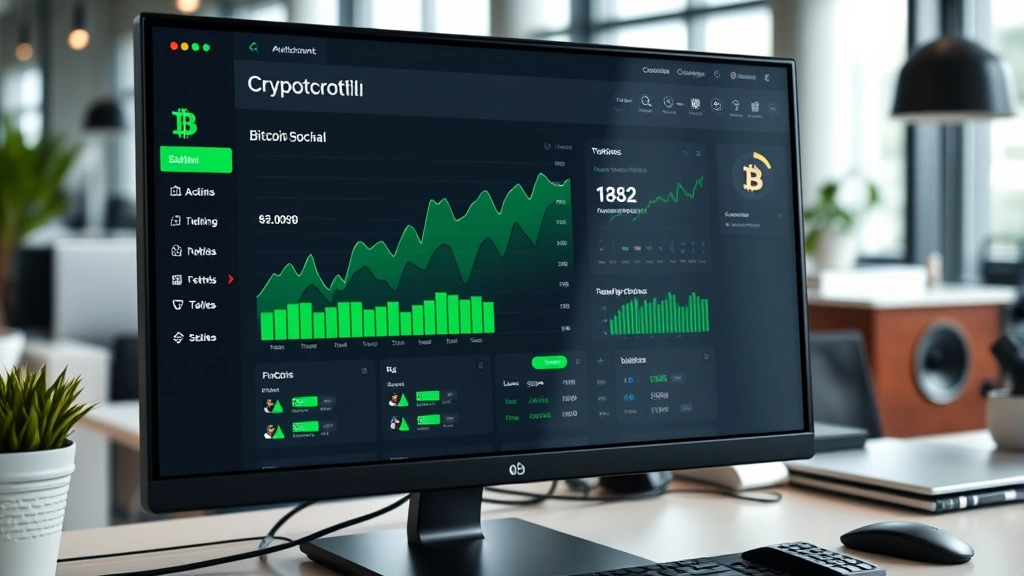 Computer monitor displaying cryptocurrency portfolio dashboard with green growth charts, Bitcoin holdings, and financial metrics in modern interface design, office setting
