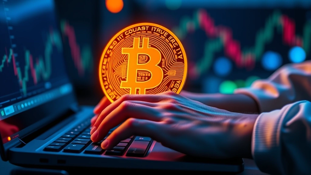 Detailed close-up of hands typing on keyboard with Bitcoin symbol hologram projection in the air, blue and orange neon lighting, professional cryptocurrency trading setup