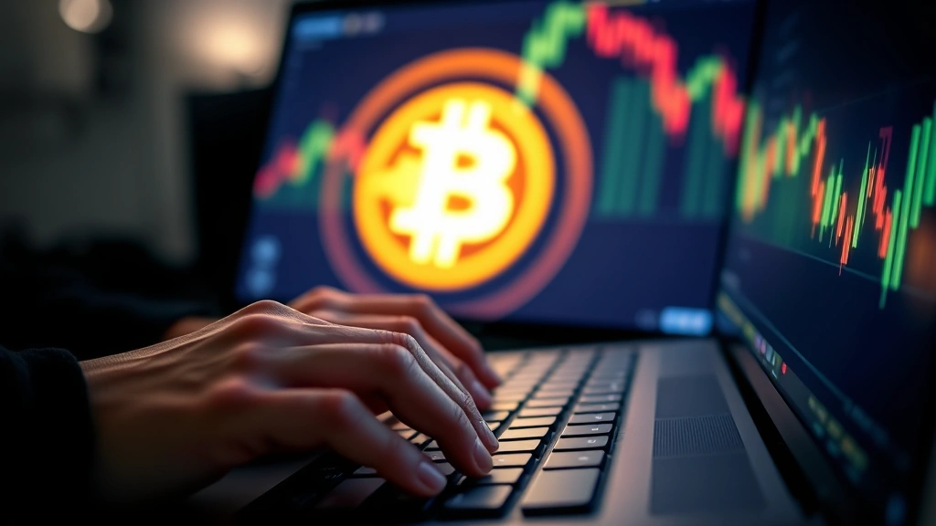 Close-up of hands typing on keyboard with Bitcoin symbol glowing on computer monitor, representing digital finance calculations, modern tech aesthetic