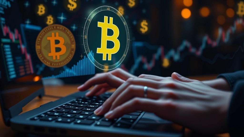 Close-up of hands typing on a keyboard with holographic Bitcoin symbols and financial metrics floating above the desk, blockchain network visualization in the background, futuristic yet grounded aesthetic, cinematic lighting