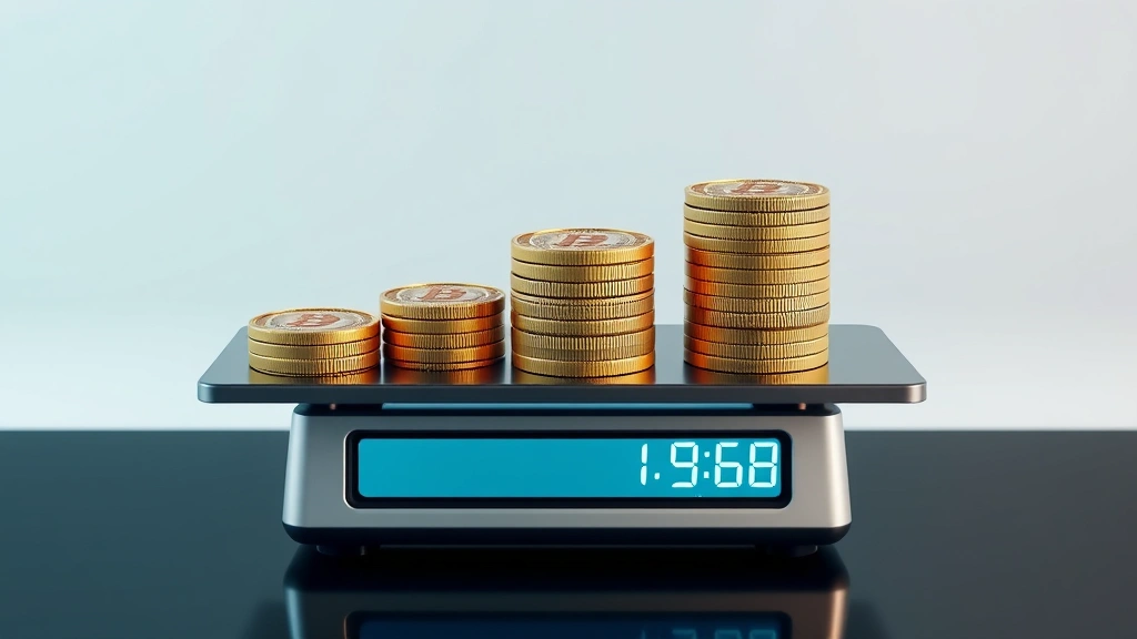 Photorealistic 3D visualization of Bitcoin coins stacked on a digital scale or balance, representing portfolio value calculation, modern tech aesthetic, no text or numbers visible, clean background with soft lighting
