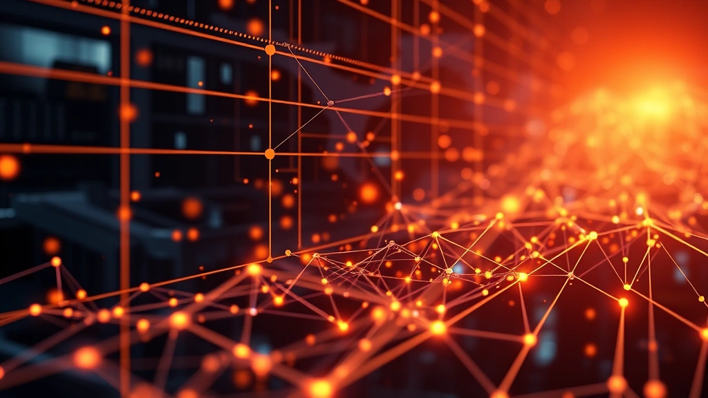 Abstract visualization of blockchain technology and bitcoin network connections with digital nodes and data streams flowing through a secure encrypted environment