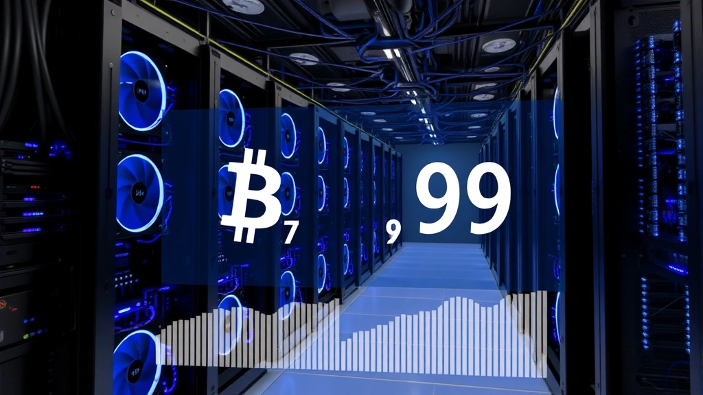 Bitcoin mining operation with multiple high-tech computers and cooling systems, blue LED lights illuminating the hardware, showing digital earnings calculations overlay on screen