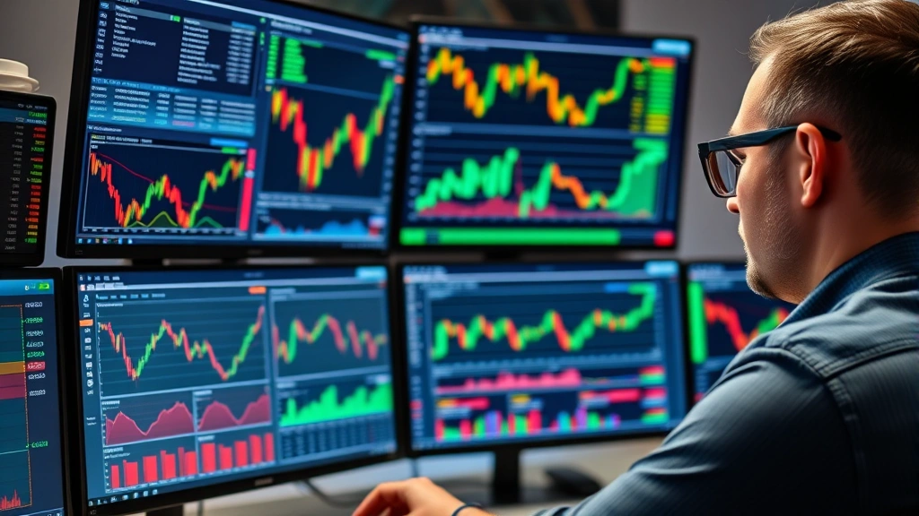 Person reviewing cryptocurrency portfolio on multiple monitors displaying charts and market data, professional trading environment, focused on financial analysis and decision-making process