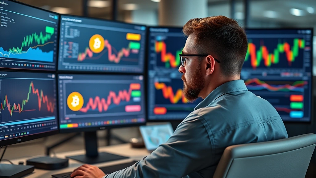 Photorealistic scene of cryptocurrency analyst reviewing Bitcoin calculations on multiple monitors with charts and graphs, modern office setting, focused professional atmosphere