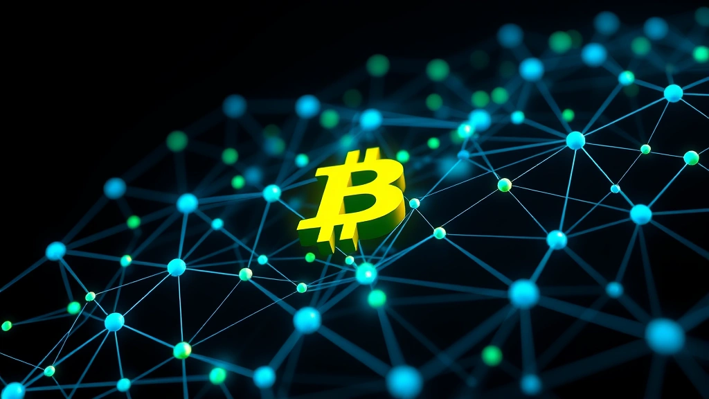 Abstract visualization of Bitcoin network nodes and blockchain connections in 3D space, showing data flow and cryptocurrency technology, dark background with blue and green nodes