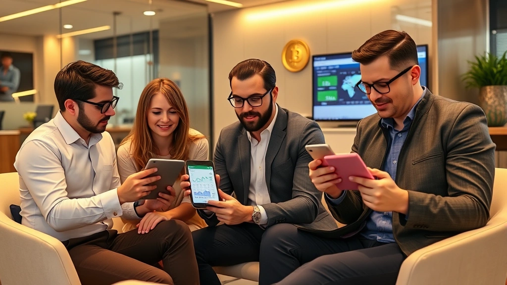Diverse group of crypto investors reviewing portfolio performance on tablets and phones showing calculator apps, sitting in a contemporary financial office with Bitcoin and blockchain elements subtly integrated into the design, warm professional lighting