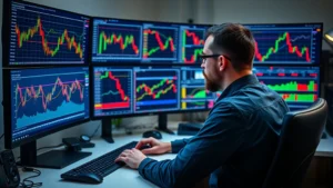Cryptocurrency trader analyzing Bitcoin charts on multiple monitors with candlestick patterns and technical indicators visible, professional trading setup with modern desk and equipment