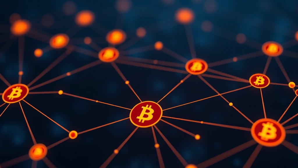 Digital representation of blockchain network nodes and connections with Bitcoin symbols, representing decentralized trading and market infrastructure in dark blue and orange tones