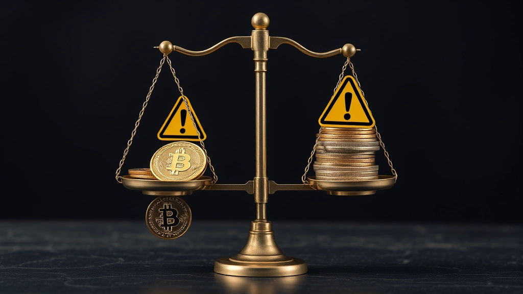 Risk management concept showing balance scales with cryptocurrency coins and warning symbols, illustrating leverage and liquidation risks in modern trading environment