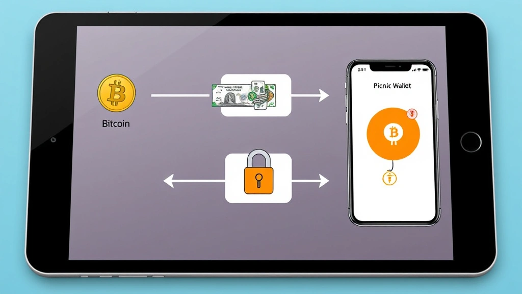 A flowchart diagram showing the conversion process from Bitcoin through cryptocurrency exchange to Philippine Pesos and finally to Picnic Wallet app, with security lock icons, displayed on a tablet screen