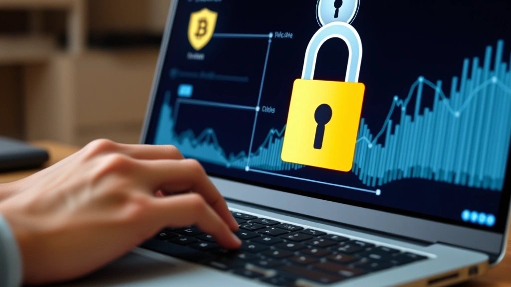 A close-up of hands typing on a laptop keyboard while a security padlock and shield icons appear on the monitor screen, representing cryptocurrency transaction security and protection measures