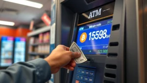 Photorealistic close-up of hands inserting cash into a modern Bitcoin ATM machine with digital display screen showing Bitcoin price, indoor convenience store setting, soft lighting highlighting the transaction interface