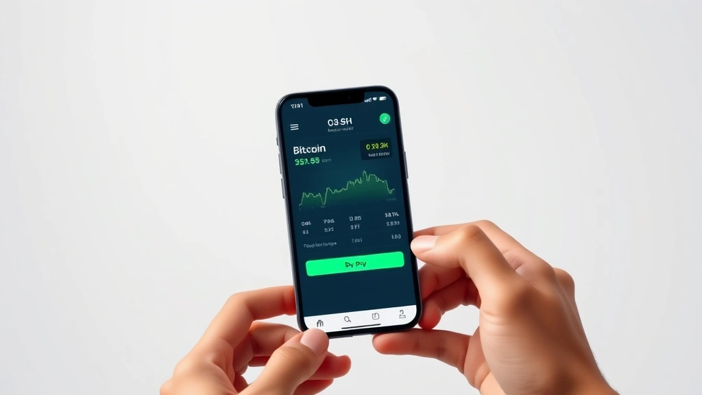 Photorealistic image of a smartphone displaying the Cash App interface with the Bitcoin purchase screen visible, showing price charts and buy button, hands holding the phone, modern minimalist design, cryptocurrency payment app aesthetic