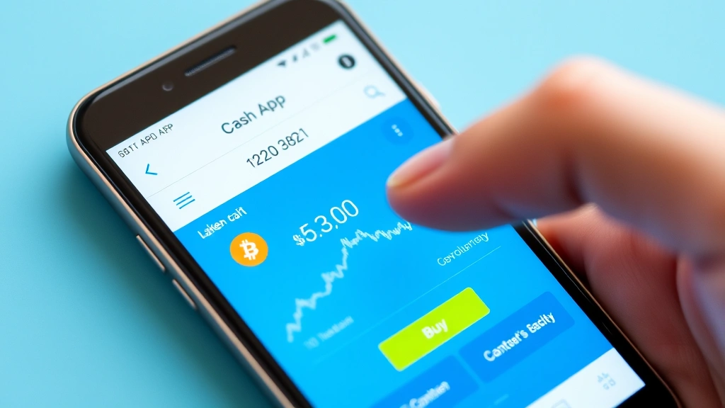 Smartphone displaying Cash App interface with Bitcoin trading screen, digital wallet showing cryptocurrency balance, blue and white app design, modern mobile banking aesthetic, close-up of finger tapping buy button