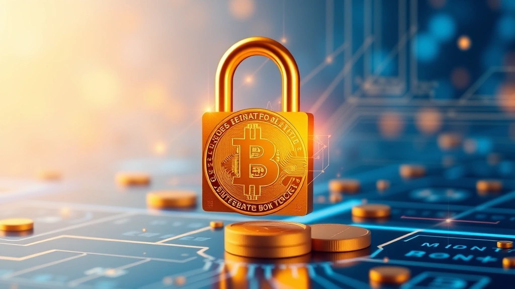 Digital security concept showing encrypted padlock symbol protecting Bitcoin coins in blue and gold tones, representing cybersecurity infrastructure and blockchain protection technology