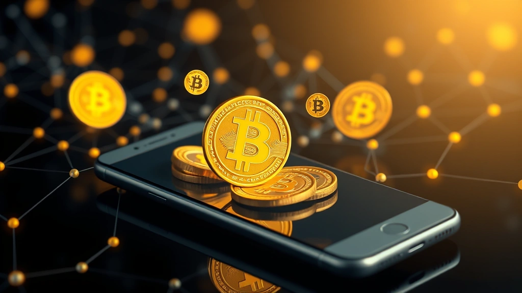 Photorealistic image of a digital wallet concept with Bitcoin coins emerging from a smartphone screen, blockchain network connections in background, golden Bitcoin symbols, modern technology aesthetic, no text or numbers visible