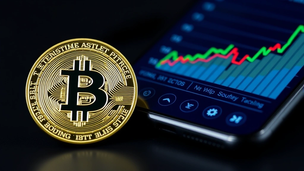 Bitcoin physical coin positioned next to smartphone showing crypto portfolio growth chart, cryptocurrency investment concept, digital currency representation, blockchain technology visualization, professional financial imagery