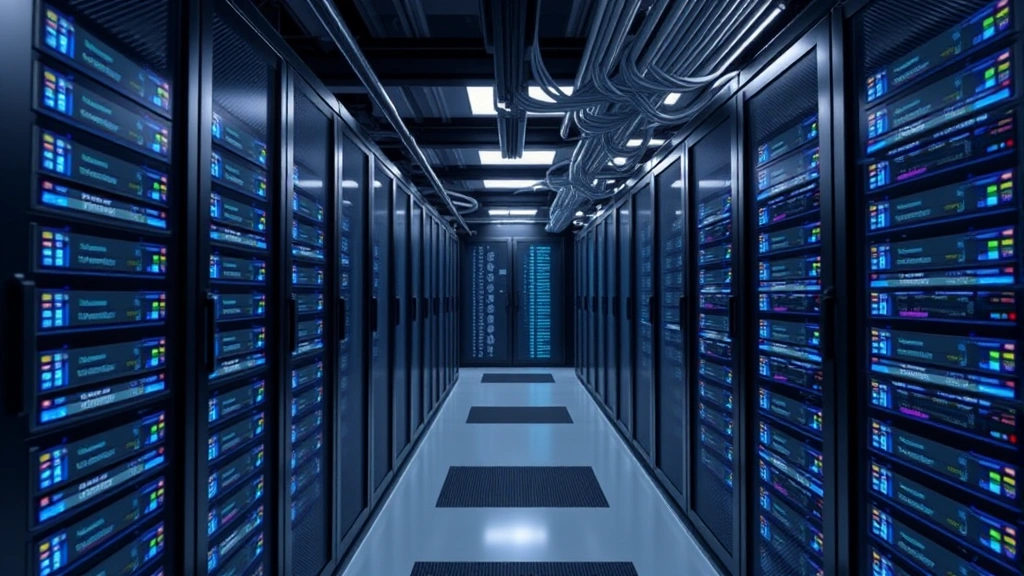 Modern data center with secure server racks and fiber optic cables, illustrating institutional-grade cryptocurrency custody and cold storage facilities for digital asset protection