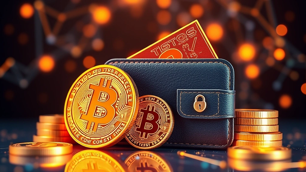 Bitcoin coins and digital wallet concept merged together, glowing cryptocurrency symbols, abstract blockchain visualization, secure digital assets representation, professional financial imagery