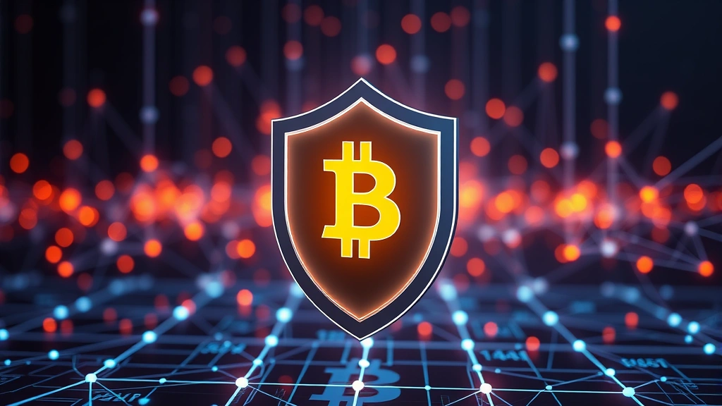 Photorealistic image of a secure digital asset visualization showing a Bitcoin symbol within a protective shield, blockchain network nodes glowing in background, cybersecurity concept, modern fintech design, no text elements
