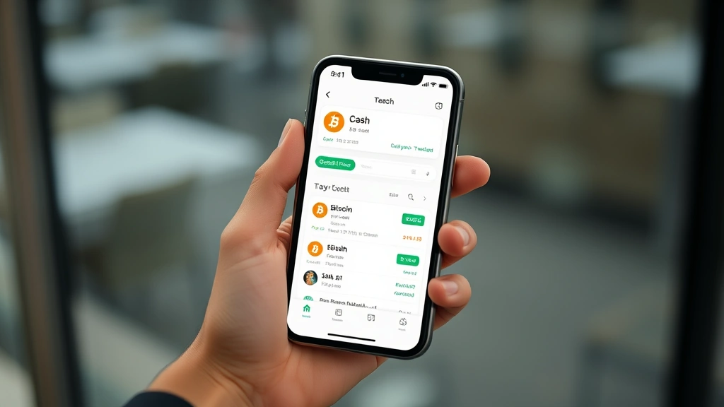 Person holding smartphone with Cash App Bitcoin wallet open, digital asset management, secure transaction in progress, modern fintech interface, cryptocurrency mobile banking experience, professional investment app usage