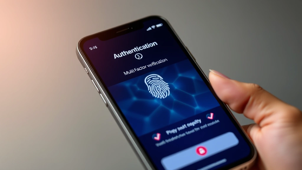 Smartphone screen displaying authentication security interface with multi-factor verification elements, biometric fingerprint sensor, and security checkmarks indicating account protection