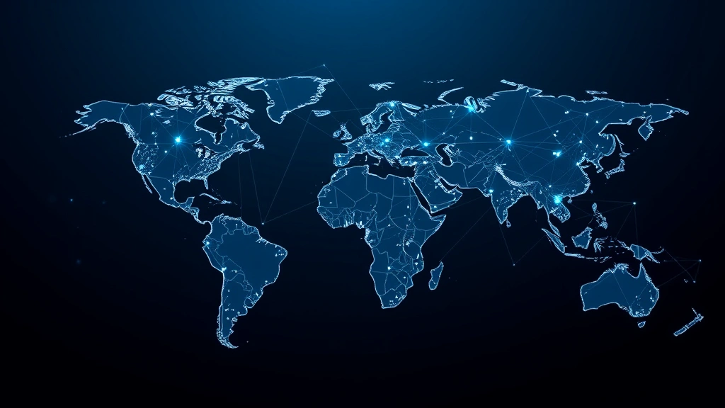 Global network of connected blockchain nodes, digital connections forming worldwide cryptocurrency network, abstract geometric patterns representing distributed ledger technology, modern tech visualization without any text