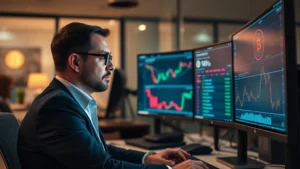 Professional cryptocurrency analyst studying blockchain data on multiple monitors in a modern financial office, with bitcoin and blockchain visualizations glowing on screens, serious focused expression, institutional trading environment