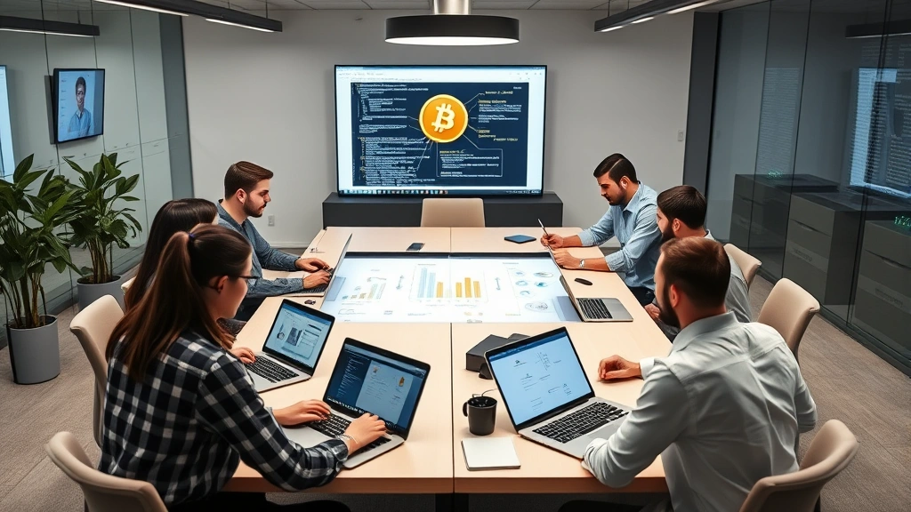 Diverse team of developers and engineers collaborating around a table with laptops showing code and blockchain architecture diagrams, discussing bitcoin protocol improvements in a contemporary tech office space with minimalist design