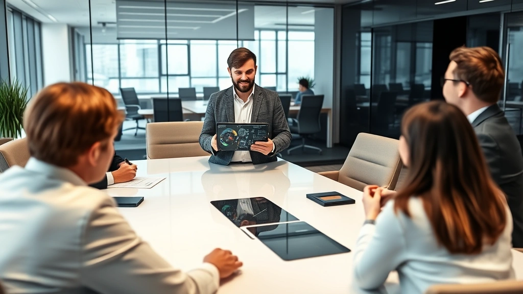 Senior cryptocurrency consultant explaining digital asset strategy to corporate executives in a sleek boardroom, holding tablet showing blockchain technology diagrams, confident professional atmosphere with modern furnishings