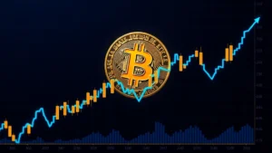 Bitcoin price chart showing upward trend with blue 200-day moving average line as support during rally, candles bouncing off the line, professional trading interface aesthetic