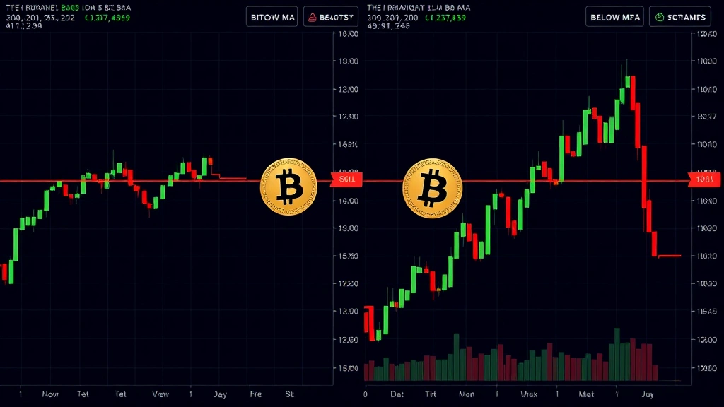 Split-screen comparison showing Bitcoin above 200-day MA during bull market versus below the line during bear market, contrasting green and red candles, clean analytical visualization