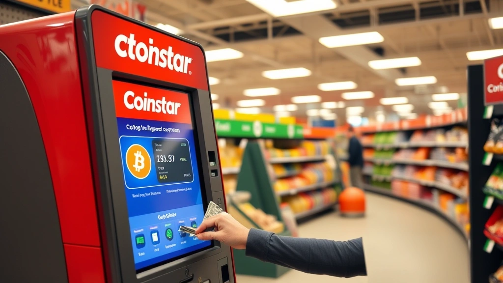 Person inserting cash into a modern Coinstar kiosk machine in a brightly lit grocery store, digital display showing Bitcoin price, photorealistic retail environment