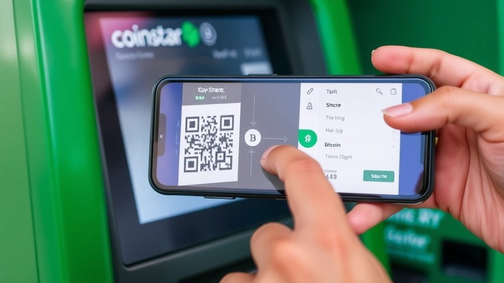 Close-up of smartphone scanning QR code from Coinstar Bitcoin ATM screen, cryptocurrency wallet interface visible on phone, secure transaction in progress
