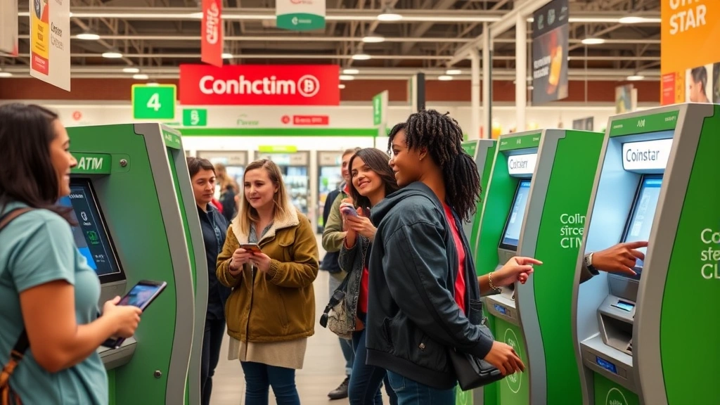 Diverse group of customers using Coinstar kiosks in various retail locations, showing mainstream adoption of Bitcoin ATM technology, inclusive representation