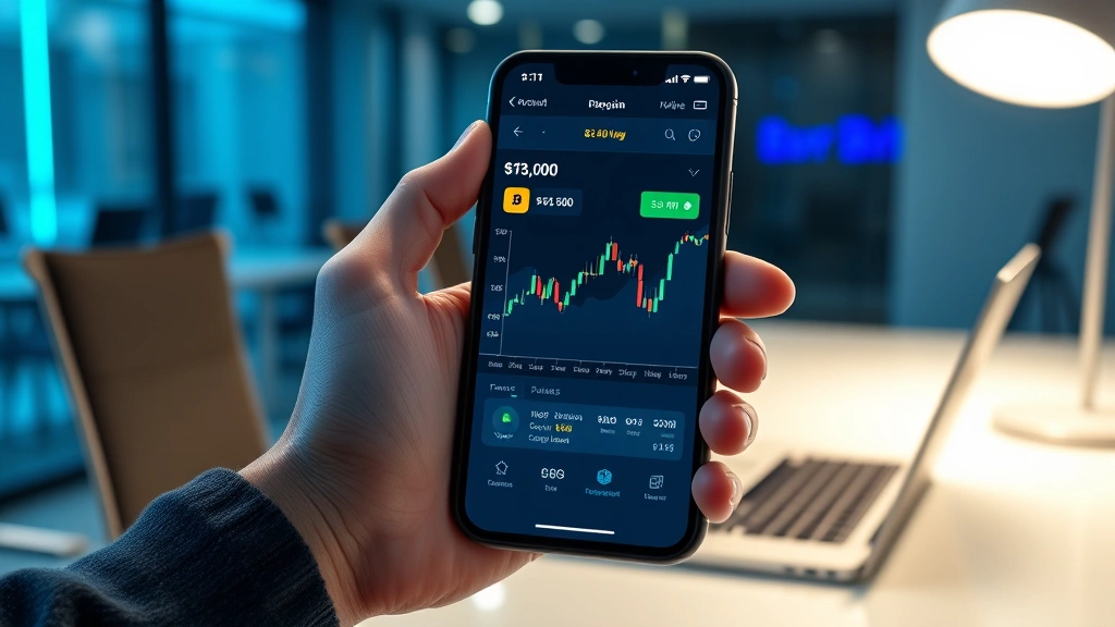 Photorealistic image of a person holding a smartphone displaying a cryptocurrency exchange app with Bitcoin price chart visible on screen, sitting at a desk with a laptop, modern minimalist office background with blue and green lighting, secure and professional atmosphere
