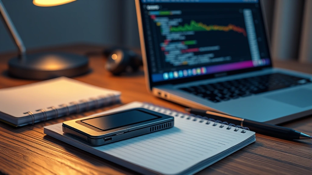 Photorealistic image of a hardware wallet device (like Ledger or Trezor) placed on a wooden desk next to a notebook and pen, with a laptop in the background showing blockchain explorer data, warm desk lamp lighting, emphasizing security and storage concepts