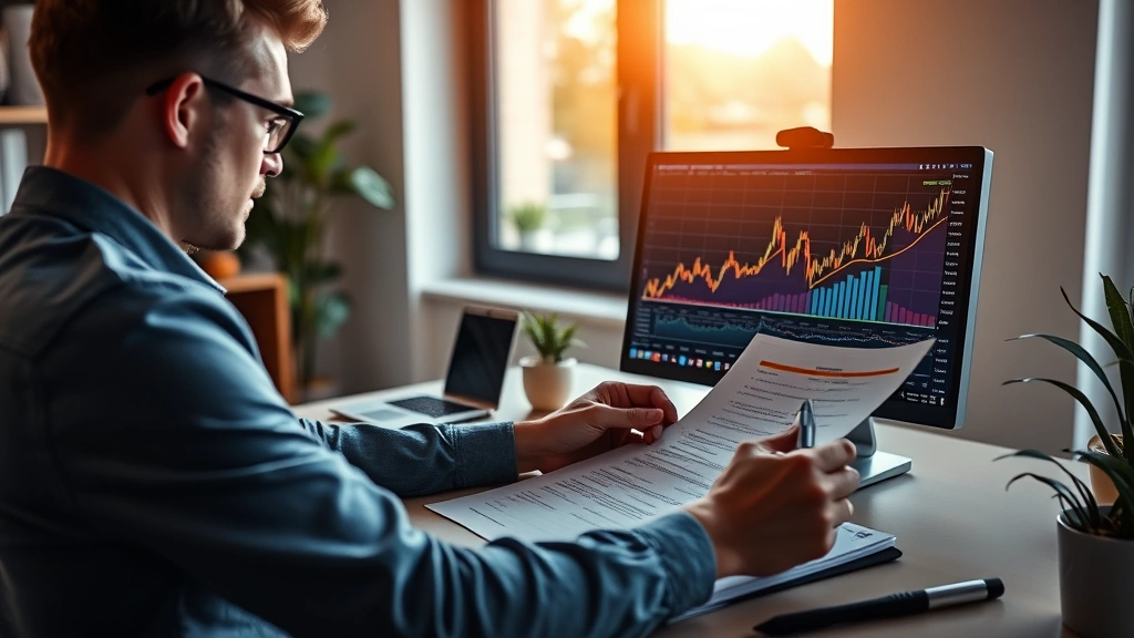 Photorealistic image of a person reviewing financial documents and taking notes about cryptocurrency investment, with a computer monitor showing an upward trending Bitcoin chart, modern home office setting with natural window lighting, focused and analytical atmosphere