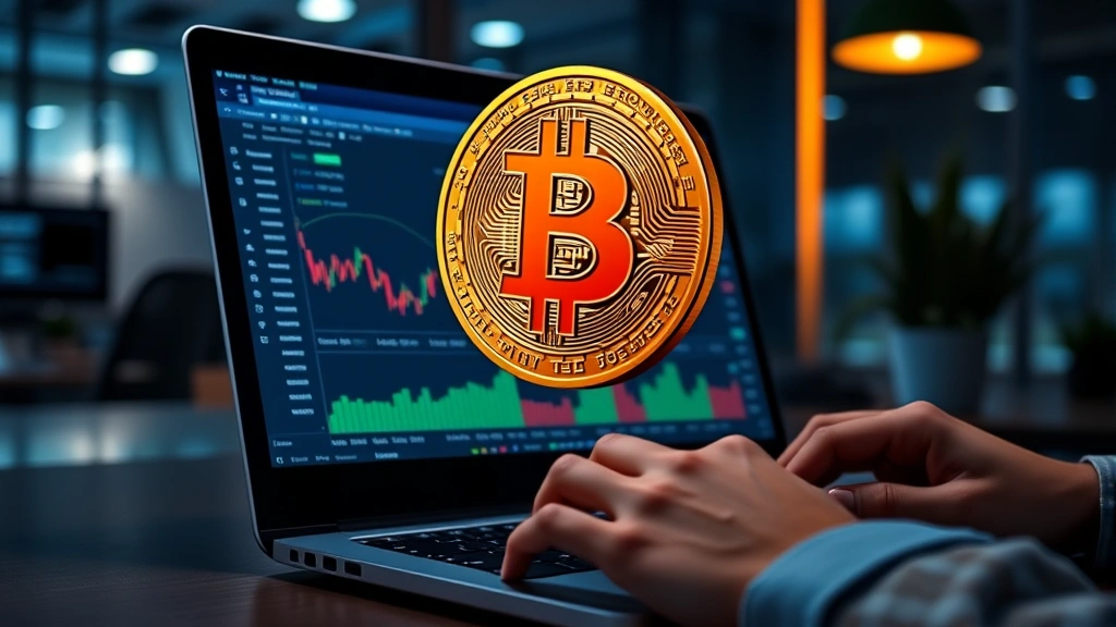 Digital Bitcoin coin floating above a laptop screen showing a trading dashboard with candlestick charts, hands typing on keyboard, modern office setting with blue and orange lighting, photorealistic