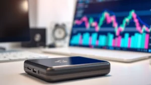 Photorealistic image of a secure hardware wallet device with Bitcoin symbol, displayed on a clean desk with soft lighting and blurred financial data visualization in background